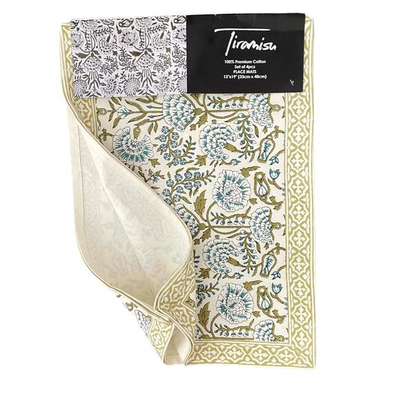 TIRAMISU Spring Floral 100% Cotton 13X19 Placemats Set of 4 Green Blue NEW - Picture 2 of 3